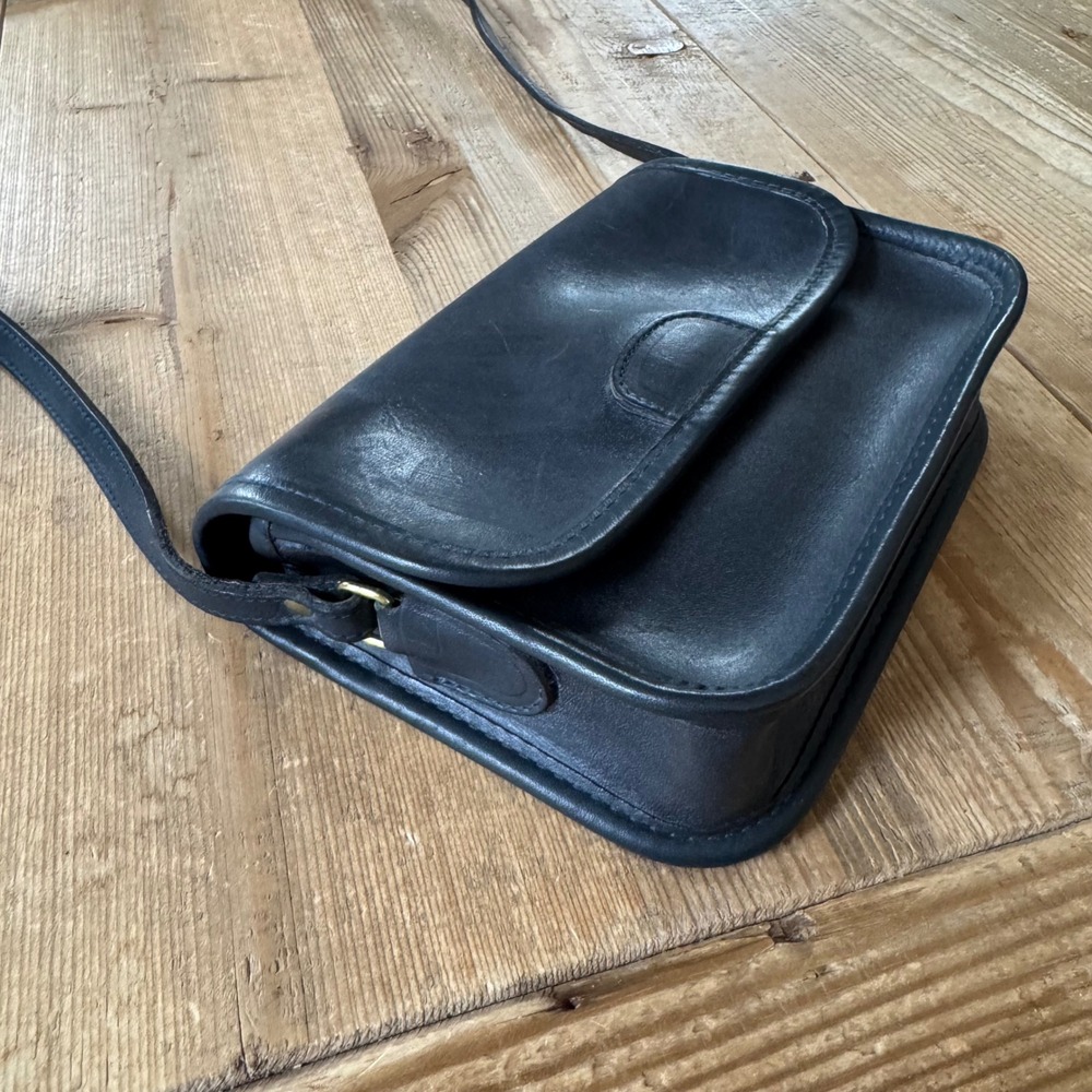Vtg 70s Michel Guerin Street Fair Leather Crossbody Bag Navy Black mini Purse